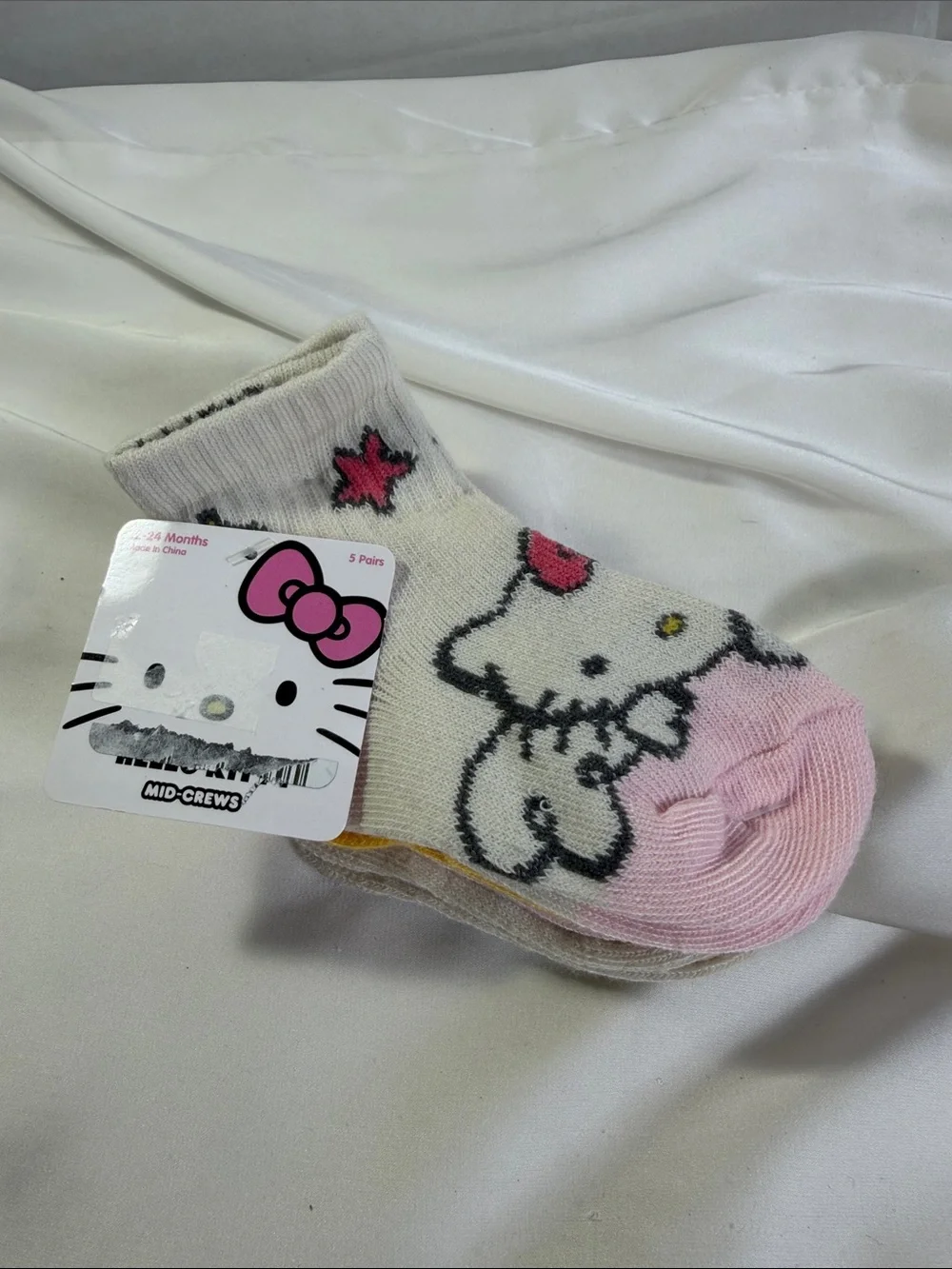 5 ‎ Pairs of Hello Kitty White & Pink Kids Mid-Crew Socks 12-24 Mo
